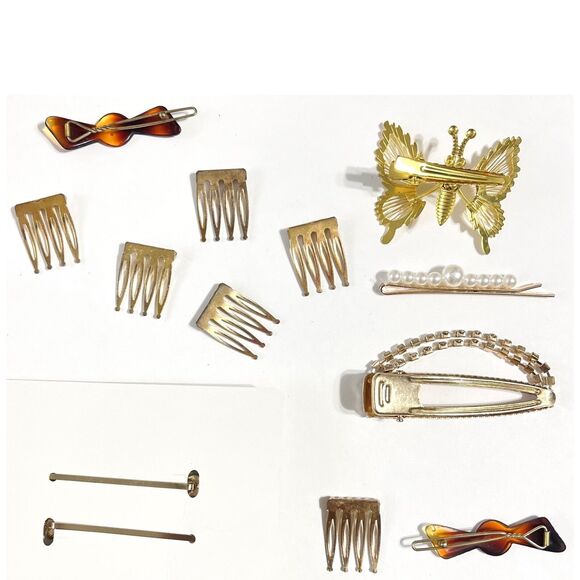 Vtg Retro Gold Tone Hair Barrettes Pins Combs Clip Rhinestone Butterfly Flower - Picture 10 of 14